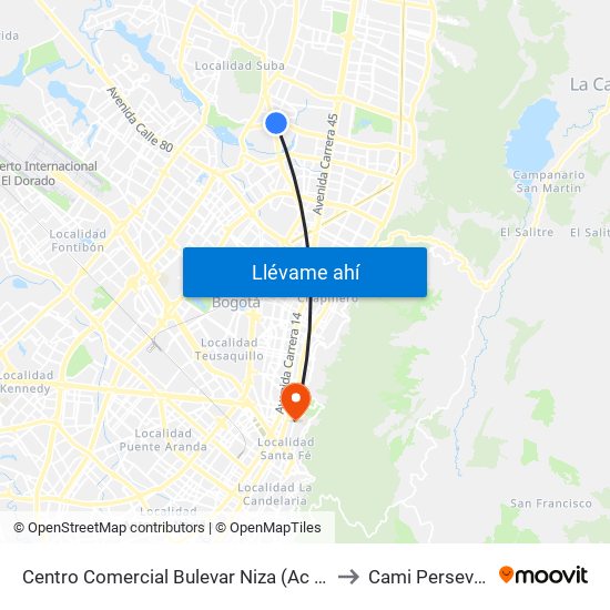 Centro Comercial Bulevar Niza (Ac 127 - Av. Suba) to Cami Perseverancia map