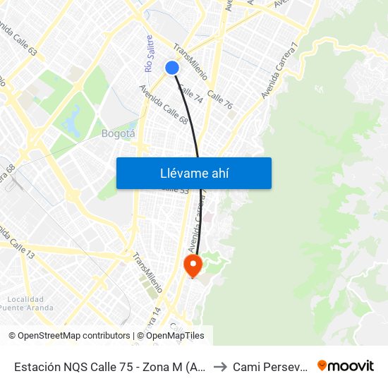 Estación NQS Calle 75 - Zona M (Av. NQS - Cl 75) to Cami Perseverancia map