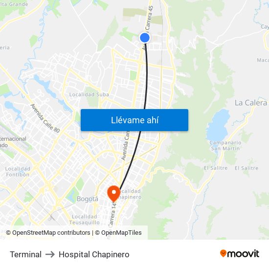 Terminal to Hospital Chapinero map
