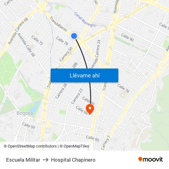 Escuela Militar to Hospital Chapinero map