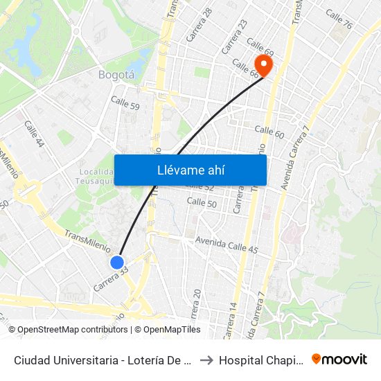 Ciudad Universitaria - Lotería De Bogotá to Hospital Chapinero map