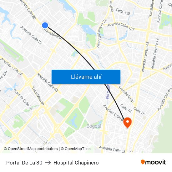 Portal De La 80 to Hospital Chapinero map