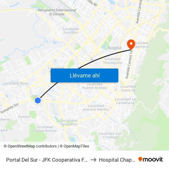 Portal Del Sur - JFK Cooperativa Financiera to Hospital Chapinero map