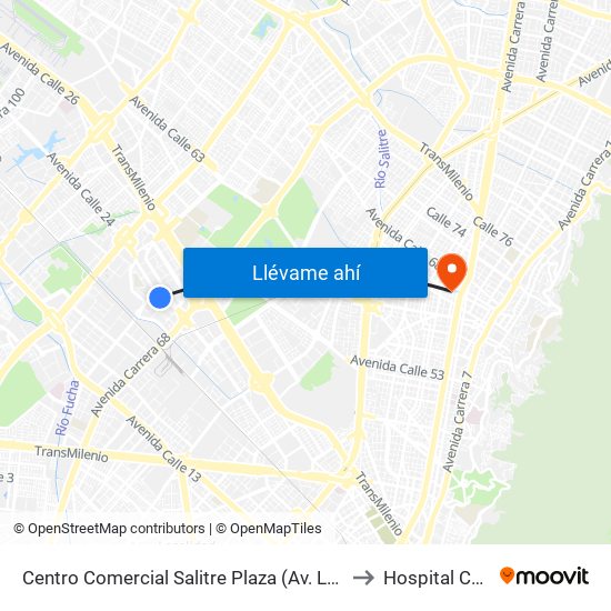 Centro Comercial Salitre Plaza (Av. La Esperanza - Kr 68b) to Hospital Chapinero map