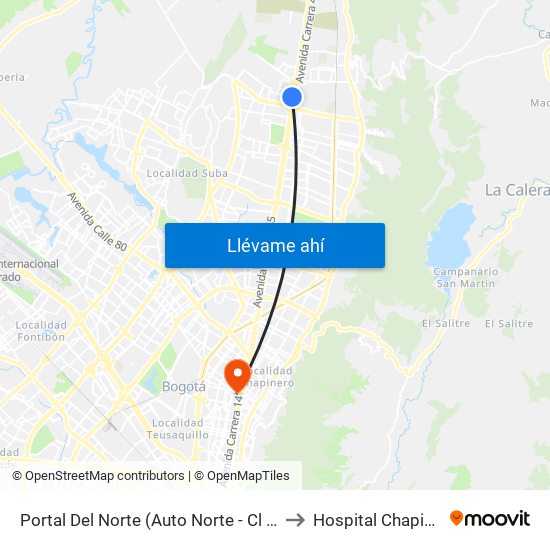 Portal Del Norte (Auto Norte - Cl 174a) to Hospital Chapinero map