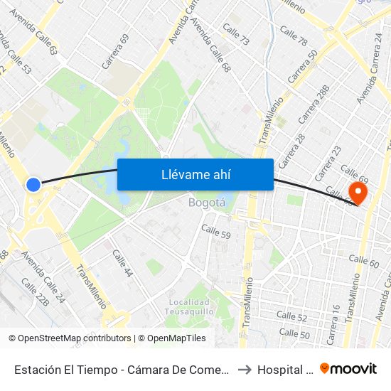 Estación El Tiempo - Cámara De Comercio De Bogotá (Ac 26 - Kr 68b Bis) to Hospital Chapinero map