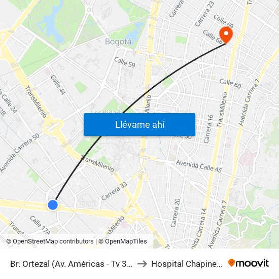 Br. Ortezal (Av. Américas - Tv 39) to Hospital Chapinero map