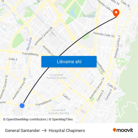 General Santander to Hospital Chapinero map