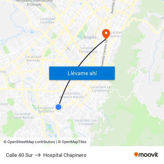 Calle 40 Sur to Hospital Chapinero map