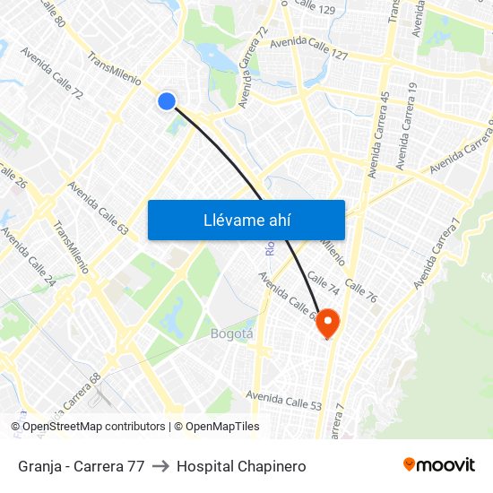 Granja - Carrera 77 to Hospital Chapinero map