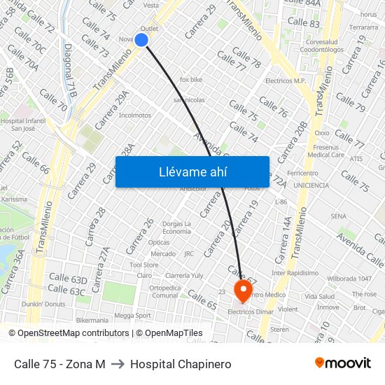 Calle 75 - Zona M to Hospital Chapinero map