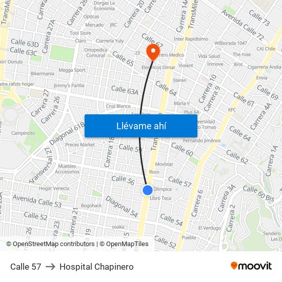 Calle 57 to Hospital Chapinero map