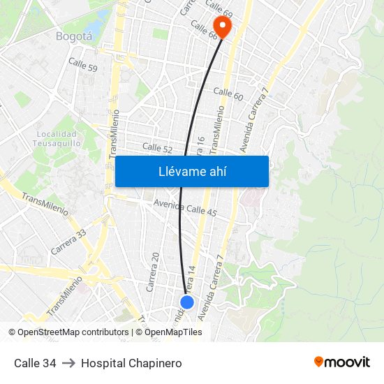 Calle 34 to Hospital Chapinero map