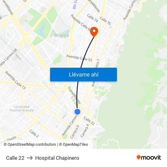 Calle 22 to Hospital Chapinero map