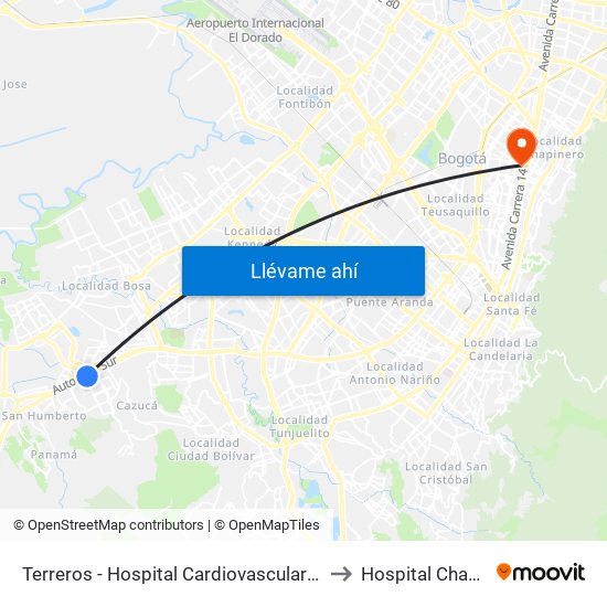 Terreros - Hospital Cardiovascular (Lado Sur) to Hospital Chapinero map