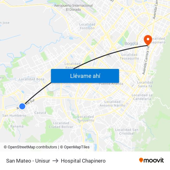San Mateo - Unisur to Hospital Chapinero map