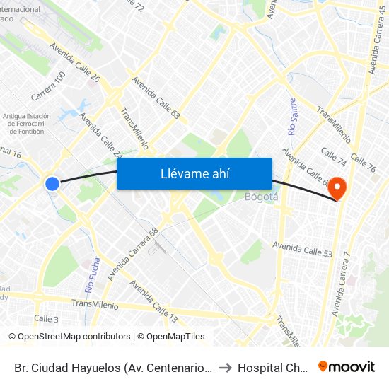 Br. Ciudad Hayuelos (Av. Centenario - Av. C. De Cali) to Hospital Chapinero map