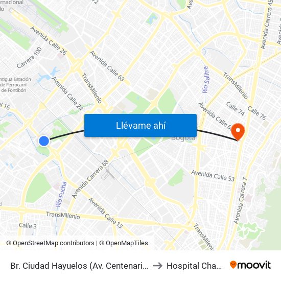 Br. Ciudad Hayuelos (Av. Centenario - Kr 78g) to Hospital Chapinero map