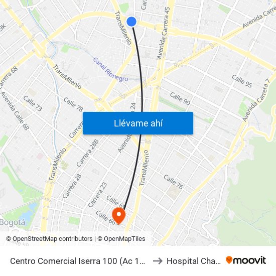 Centro Comercial Iserra 100 (Ac 100 - Kr 54) (B) to Hospital Chapinero map