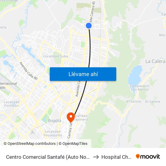 Centro Comercial Santafé (Auto Norte - Cl 187) (B) to Hospital Chapinero map