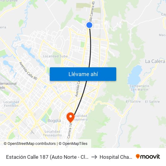 Estación Calle 187 (Auto Norte - Cl 187 Bis) (A) to Hospital Chapinero map