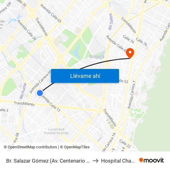 Br. Salazar Gómez (Av. Centenario - Kr 65) (A) to Hospital Chapinero map