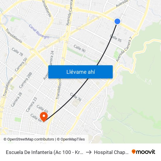 Escuela De Infantería (Ac 100 - Kr 11a) (B) to Hospital Chapinero map