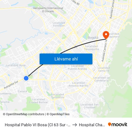 Hospital Pablo VI Bosa (Cl 63 Sur - Kr 77g) (A) to Hospital Chapinero map