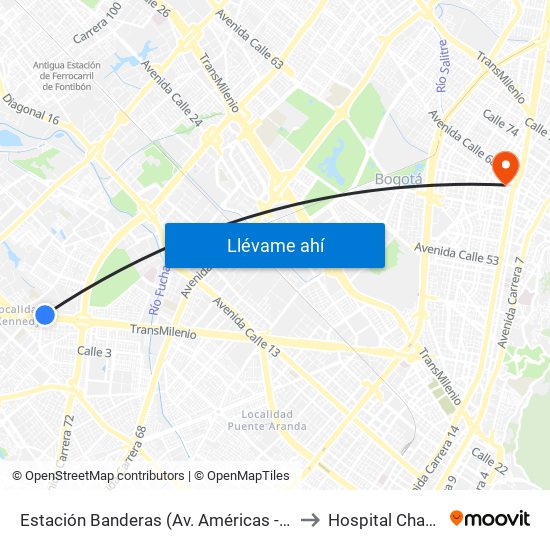 Estación Banderas (Av. Américas - Kr 78a) (A) to Hospital Chapinero map