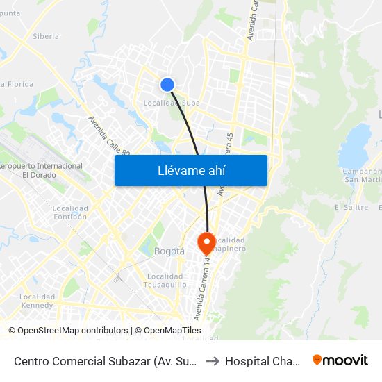 Centro Comercial Subazar (Av. Suba - Kr 91) to Hospital Chapinero map