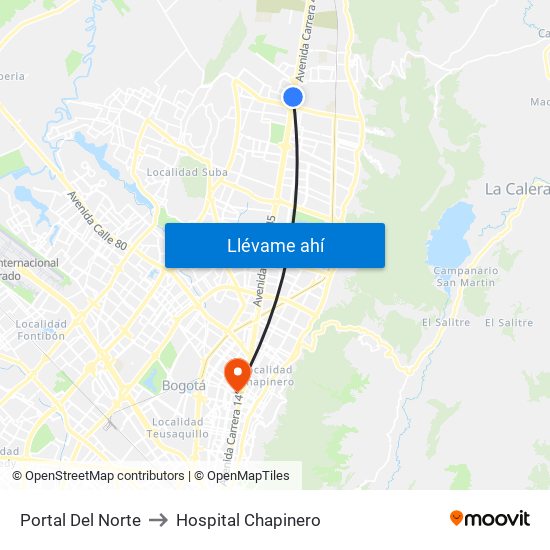 Portal Del Norte to Hospital Chapinero map