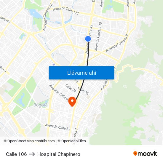 Calle 106 to Hospital Chapinero map