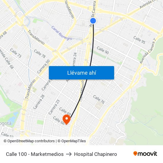 Calle 100 - Marketmedios to Hospital Chapinero map