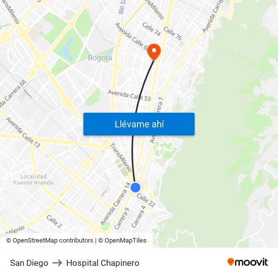 San Diego to Hospital Chapinero map