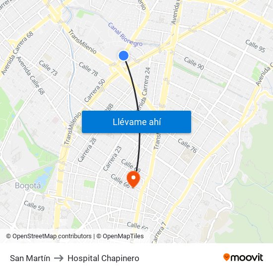 San Martín to Hospital Chapinero map