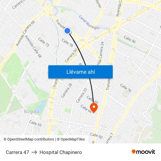 Carrera 47 to Hospital Chapinero map