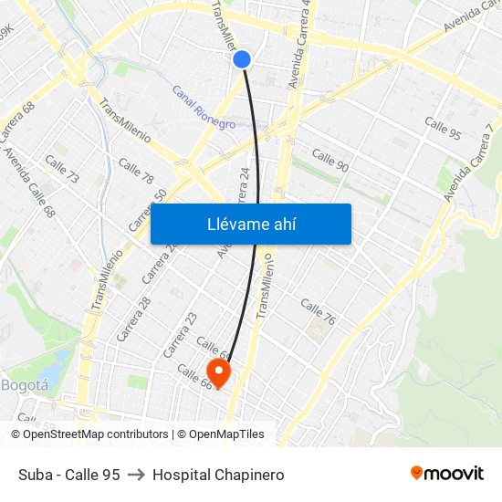 Suba - Calle 95 to Hospital Chapinero map