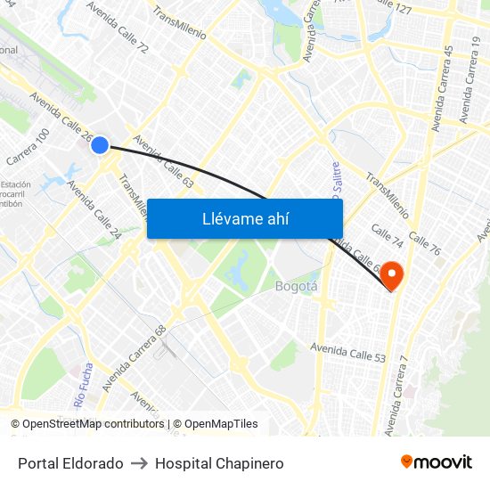 Portal Eldorado to Hospital Chapinero map