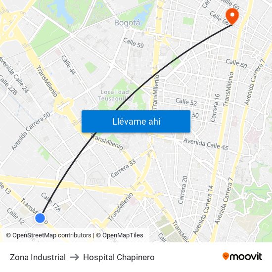 Zona Industrial to Hospital Chapinero map