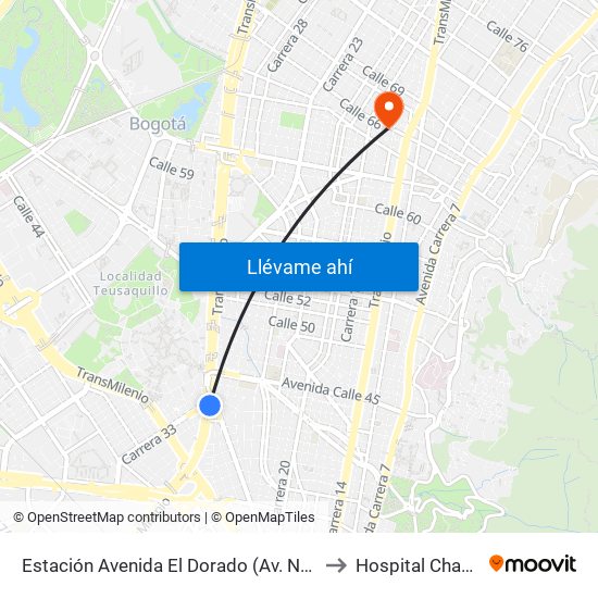 Estación Avenida El Dorado (Av. NQS - Cl 40a) to Hospital Chapinero map