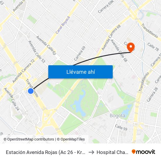 Estación Avenida Rojas (Ac 26 - Kr 69d Bis) (B) to Hospital Chapinero map