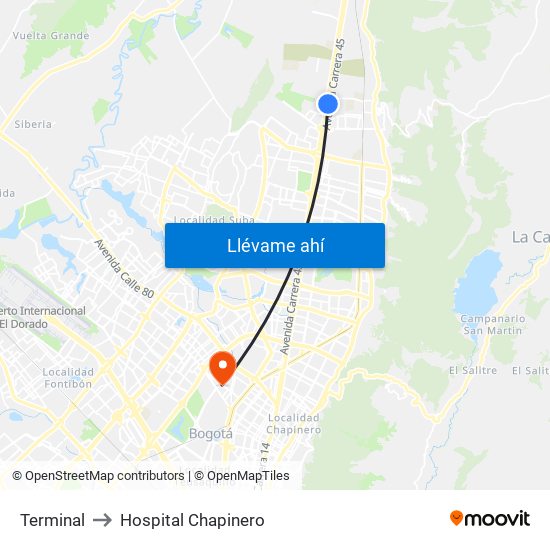 Terminal to Hospital Chapinero map