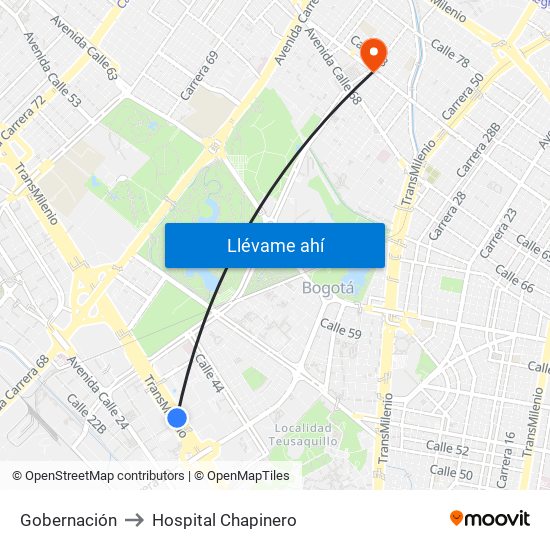 Gobernación to Hospital Chapinero map