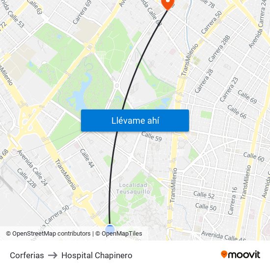 Corferias to Hospital Chapinero map