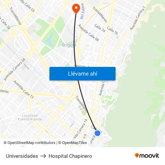 Universidades to Hospital Chapinero map