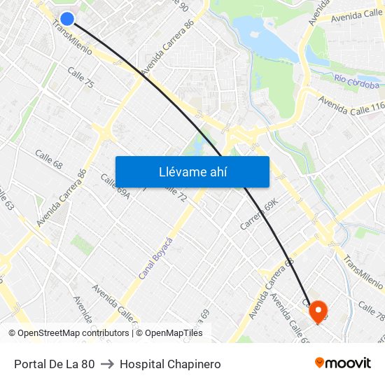 Portal De La 80 to Hospital Chapinero map