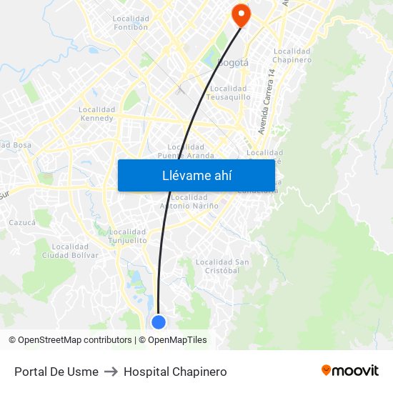 Portal De Usme to Hospital Chapinero map