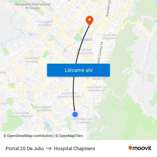 Portal 20 De Julio to Hospital Chapinero map