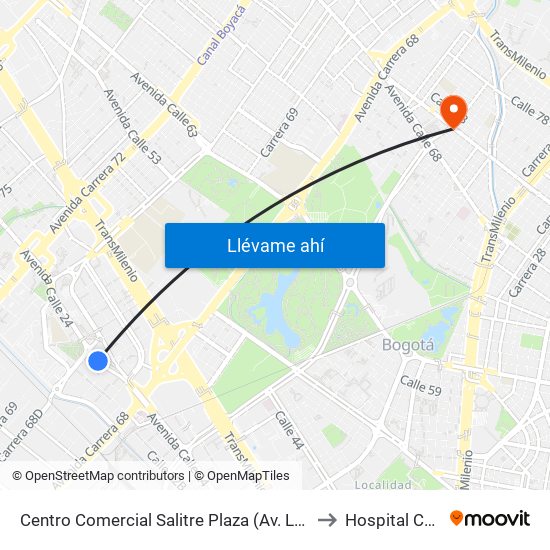 Centro Comercial Salitre Plaza (Av. La Esperanza - Kr 68b) to Hospital Chapinero map