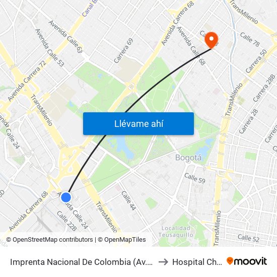Imprenta Nacional De Colombia (Av. Esperanza - Kr 66) to Hospital Chapinero map